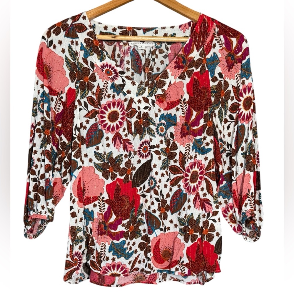 Jane & Delancey Women's Red Orange Floral Cottagecore Pullover V Neck Top Size M